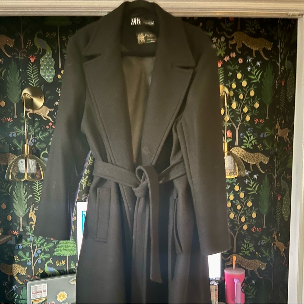 Zara Women's Elegant Black Italian Wool Wrap Coat
